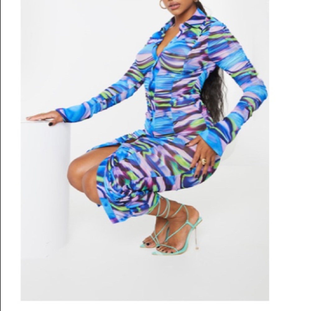 MESH RUSHED LONG MIDI DRESS